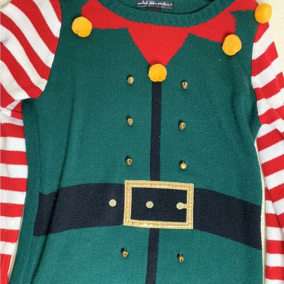 Ugly Christmas Sweater Women’s Medium Elf Bells PomPoms Long Costume Party Green - Picture 2 of 10